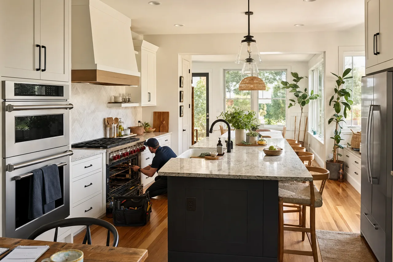 A Tarrytown kitchen with a professional Wolf range and built-in appliances